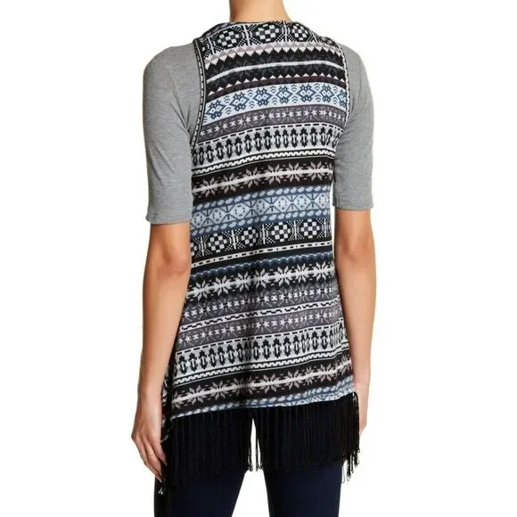 PAPILLON Fair Isle open front fringe boho knit sweater vest grey print Sz S NEW - Picture 2 of 5